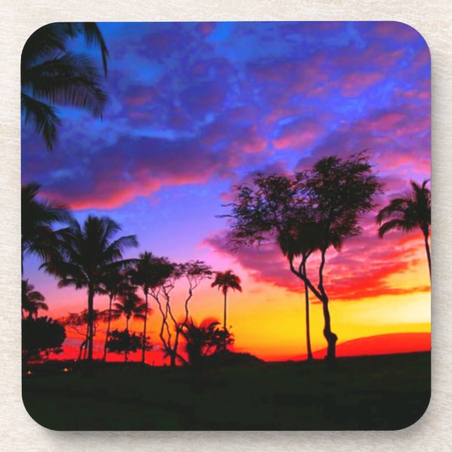 Blue Red Sunset Exotic Hawaiian Beach Palm Bäume Getränkeuntersetzer (Vorderseite)