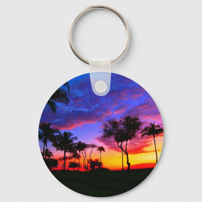 Blue Red Sunset Exotic Hawaiian Beach Palm Bäume Schlüsselanhänger (Vorderseite)