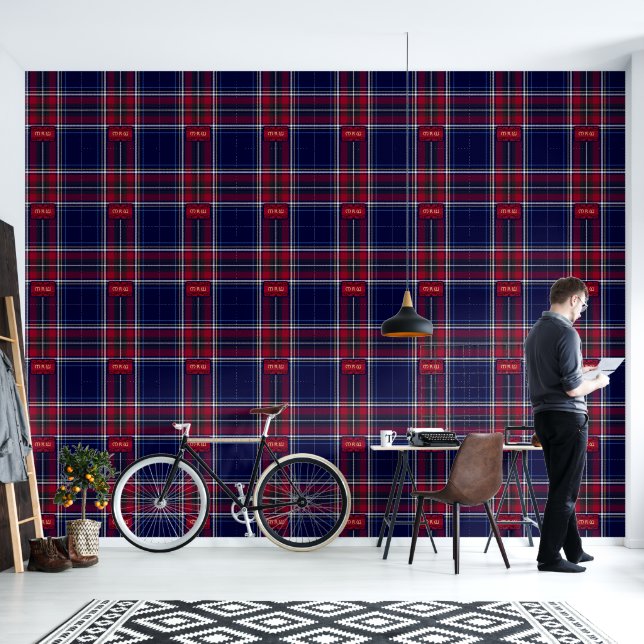Blue Red Tartan Monogram in Celtic Lion Schriftart Tapete (Wohnbereich)