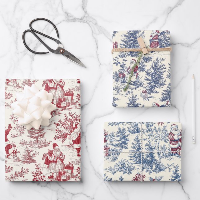 Blue & Red Weihnachtsmann Toile Geschenkpapier Set (Vorderseite)