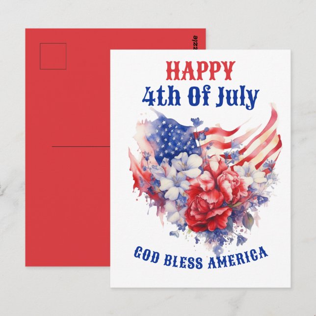 Blue Red White 4. Juli Aquarell Postkarte (Vorne/Hinten)