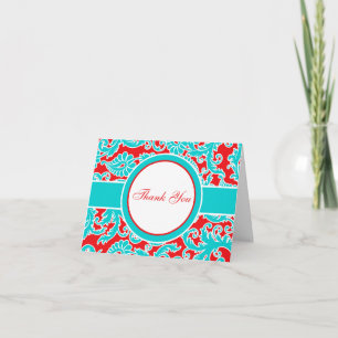 Blue Red White Damask Danke Note Card