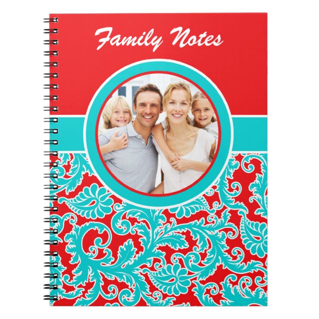 Blue Red White Damask Family Notes Foto Notebook Notizblock (Vorderseite)