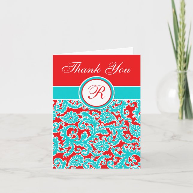 Blue Red White Damask Monogram Danke Note Card (Vorderseite)
