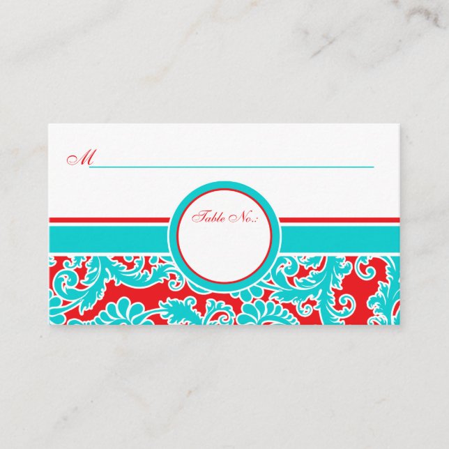 Blue Red White Damask Platzkarten (Vorderseite)