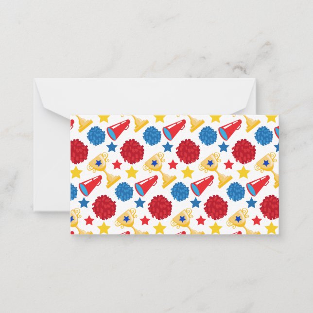 Blue Red Yellow Stars Cheerleader Megaphone Pom Mitteilungskarte (Vorderseite)