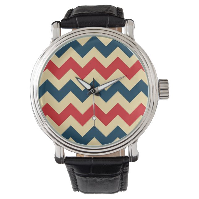 Blue Red Zickzack Zigzap Muster Armbanduhr (Vorderseite)