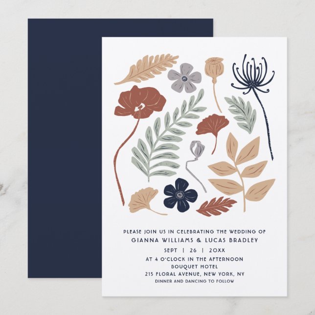 Blue Redwood Blume Blumenmodern Hochzeit Einladung (Vorne/Hinten)