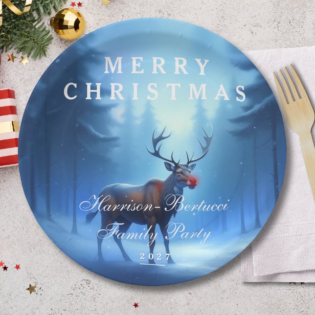 Blue Reindeer Merry Christmas Family Party Pappteller (Von Creator hochgeladen)