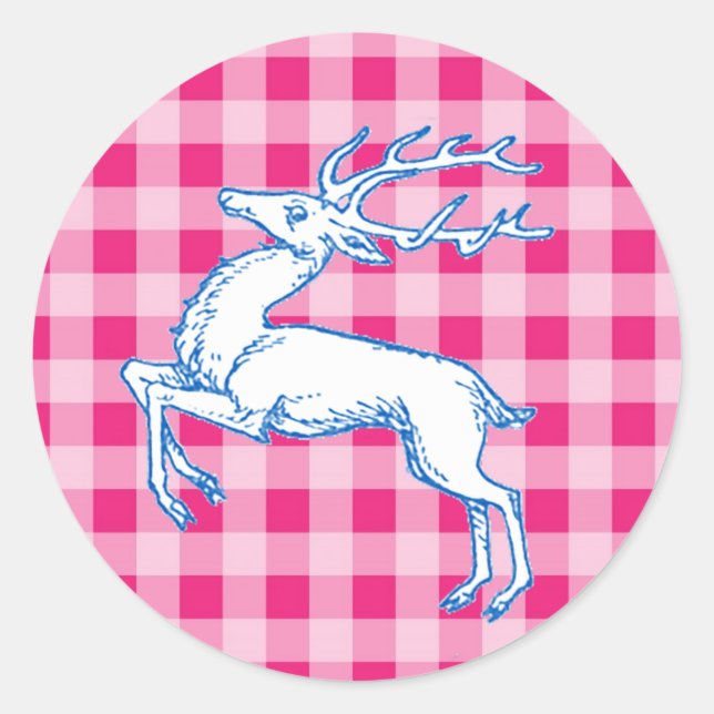 Blue Reindeer Pink Gingham Runder Aufkleber (Vorderseite)