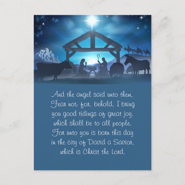 Blue Religiity Nativity Weihnachtsgrußkarte Feiertagspostkarte (Vorderseite)