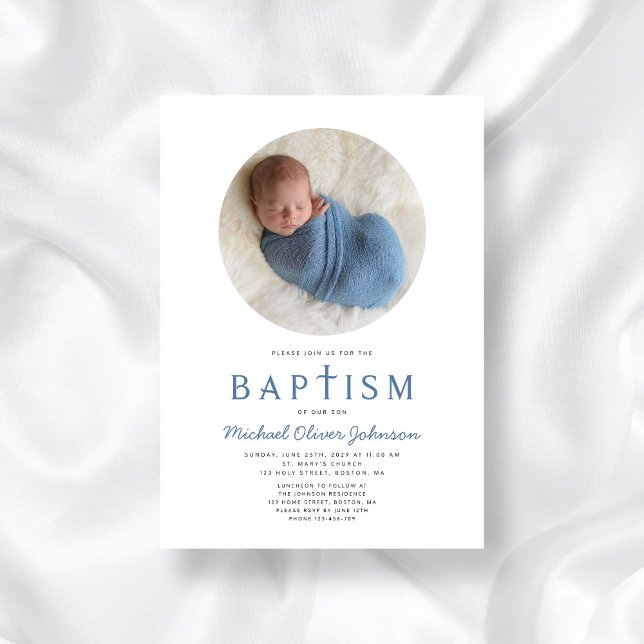 Blue Religious Cross 1 Foto Boy Baptism Einladung (Blue Religious Cross 1 Photo Boy Baptism Invitation)