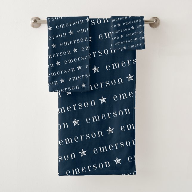 Blue Repeat Name Monogram Star Boy Badhandtuch Set (Insitu)