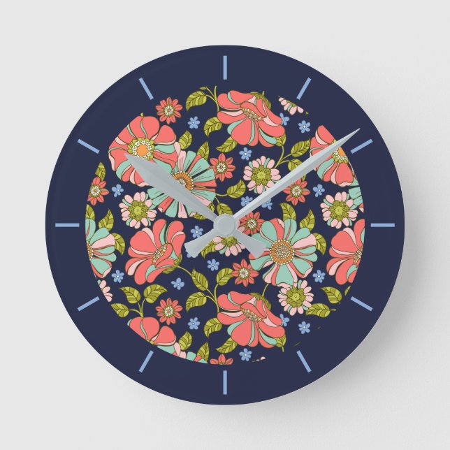 Blue Retro 70er Floral Pattern Runde Wanduhr (Vorderseite)