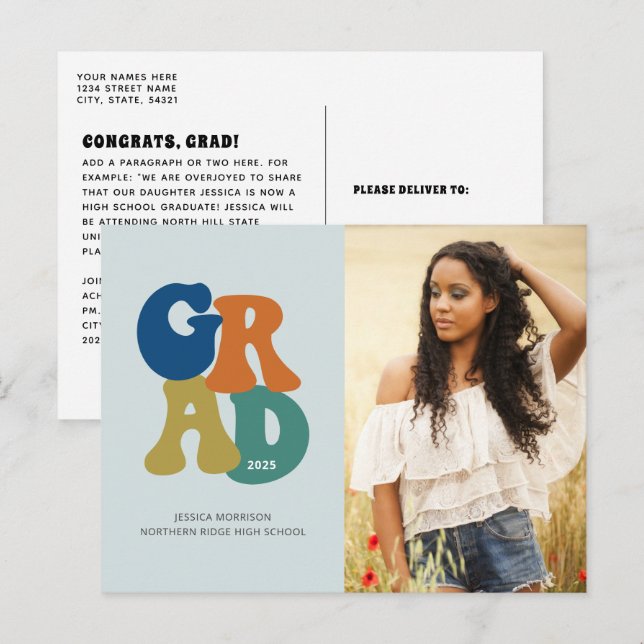 Blue Retro '70er Grad 2023 Groovy Abschluss Postkarte (Vorne/Hinten)
