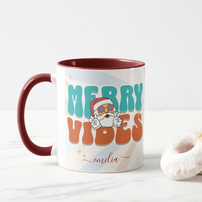 Blue Retro 70er Themed Merry Vibes Individuelle Na Tasse (Mit Donut)