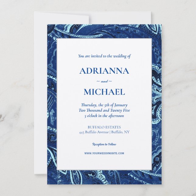 Blue Retro Bandanna Paisley Einladung Hochzeit (Vorderseite)