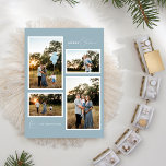 Blue Retro Boho Minimalistisch vier Fotomaterial Feiertagskarte<br><div class="desc">Dieses Blue Retro Boho Minimalistisch Four Foto Collage Holiday Card Design zeichnet sich durch eine sanfte und coole Kulisse staubblauer Farben aus. Die elegante Verbindung von einfacher Typografie und zartem Drehbuch bietet die Begrüßungen der Saison von "Frohe Weihnachten". Dieser minimalistische Stil ist eine perfekt gepflegte Ästhetik für Ihre Lieben, um...</div>