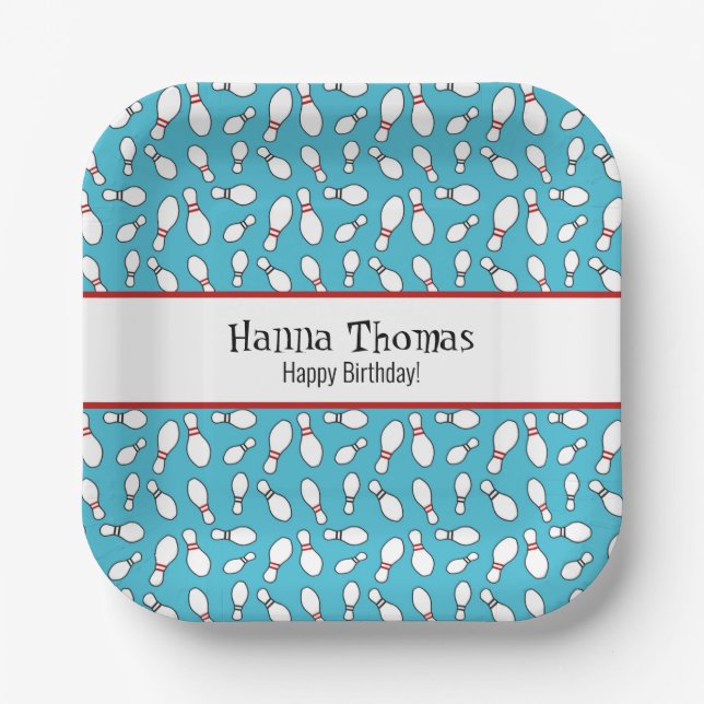 Blue Retro Bowling Thema Geburtstag Pappteller (Vorderseite)