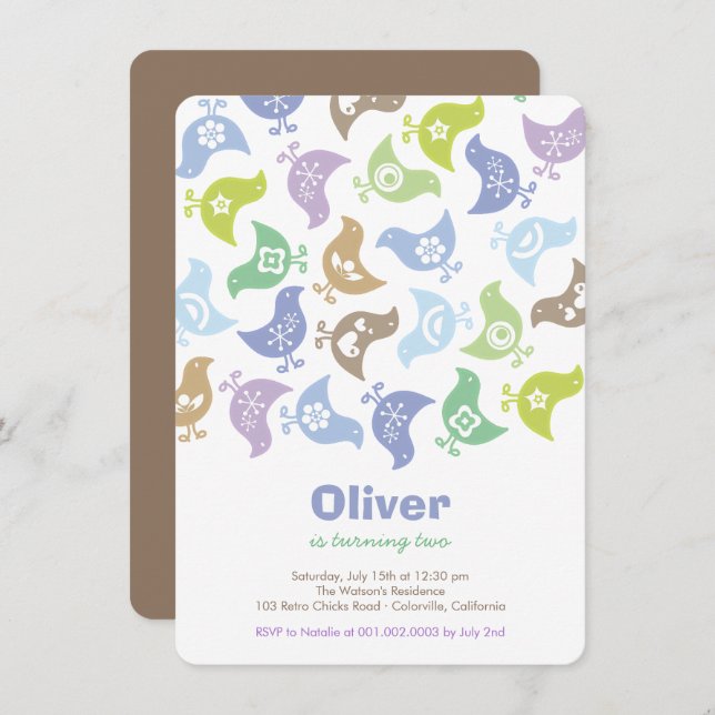 Blue Retro Chicks Enfants Invitation de fête d'ann (Devant / Derrière)