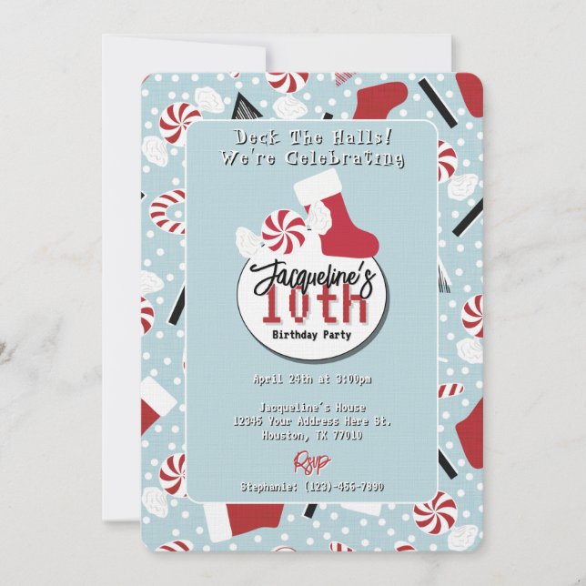 Blue Retro Christmas Peppermint Birthday Einladung (Vorderseite)