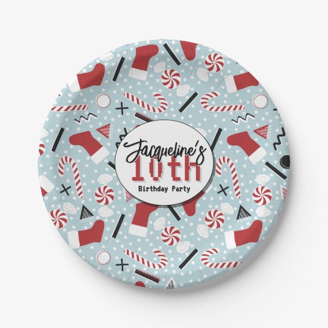 Blue Retro Christmas Peppermint Birthday Pappteller (Vorderseite)