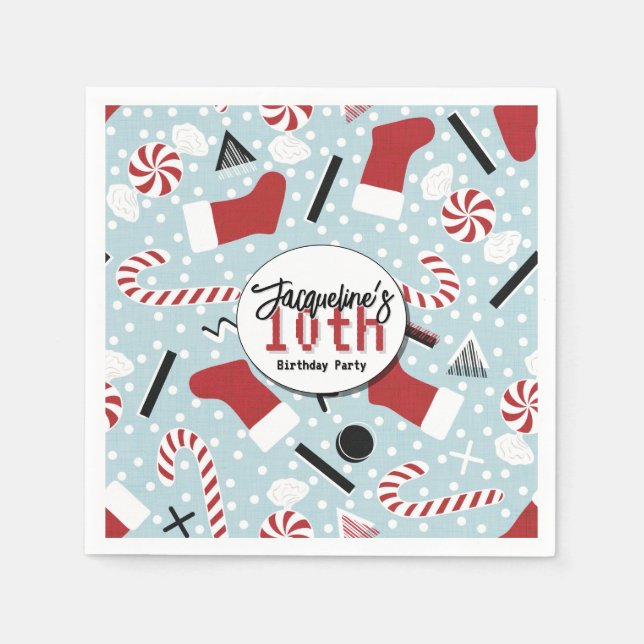 Blue Retro Christmas Peppermint Birthday Serviette (Vorderseite)