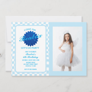 Blue Retro Doll Foto Geburtstag Einladung