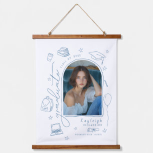 Blue Retro Hand Drawing Foto Abschluss Wandteppich Mit Holzrahmen