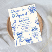 Blue Retro Hand Drawn Funky 30. Geburtstag