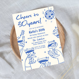 Blue Retro Hand Drawn Funky 30. Geburtstag Einladung