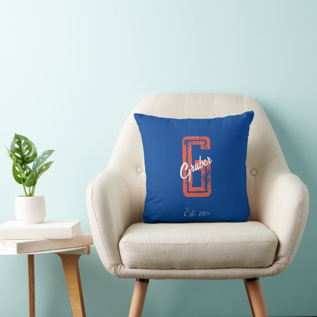 Blue Retro Minimalistisch Modern Monogram Name Kissen (Stuhl )