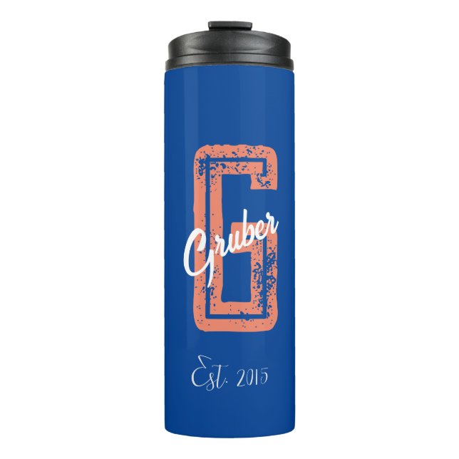 Blue Retro Minimalistisch Modern Monogram Name Thermosbecher (Vorderseite)