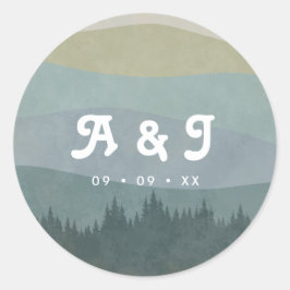 Blue Retro Mountains and Forest Wedding Monogram Runder Aufkleber