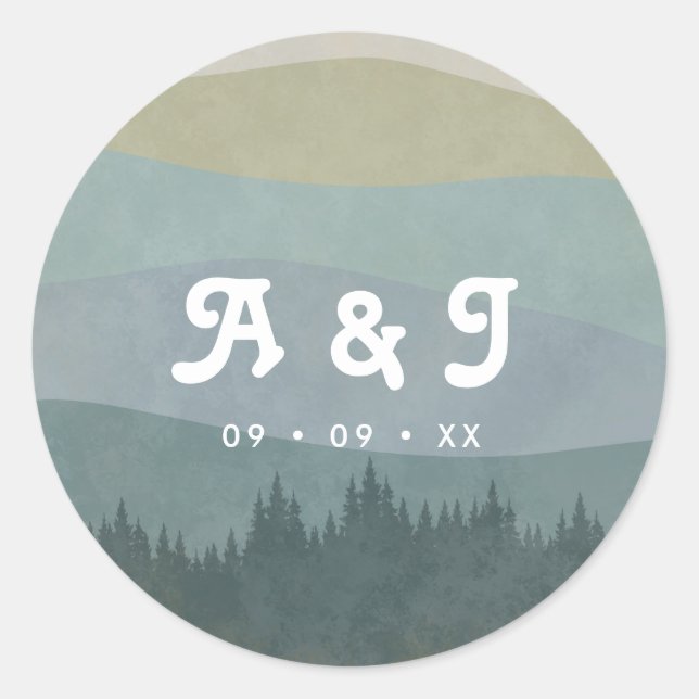 Blue Retro Mountains and Forest Wedding Monogram Runder Aufkleber (Vorderseite)