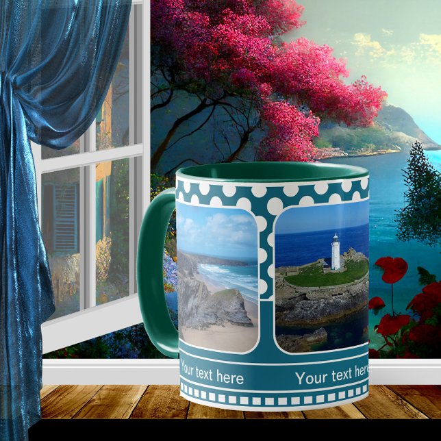 Blue Retro Polka Dot Ihre Fotos Tasse (Retro blue teal photo mug with white polka dots )