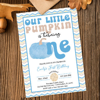 Blue Retro Pumpkin Birthday Invite Einladung