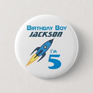 Blue Retro Raketenschiff Personalisiert Geburtstag Button