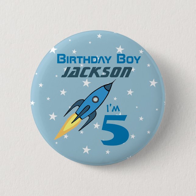 Blue Retro Raketenschiff Personalisiert Geburtstag Button (Vorderseite)