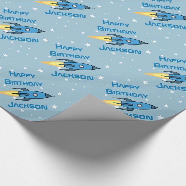 Blue Retro Raketenschiff Personalisiert Geburtstag Geschenkpapier (Ecke)