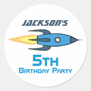 Blue Retro Raketenschiff Personalisiert Geburtstag Runder Aufkleber