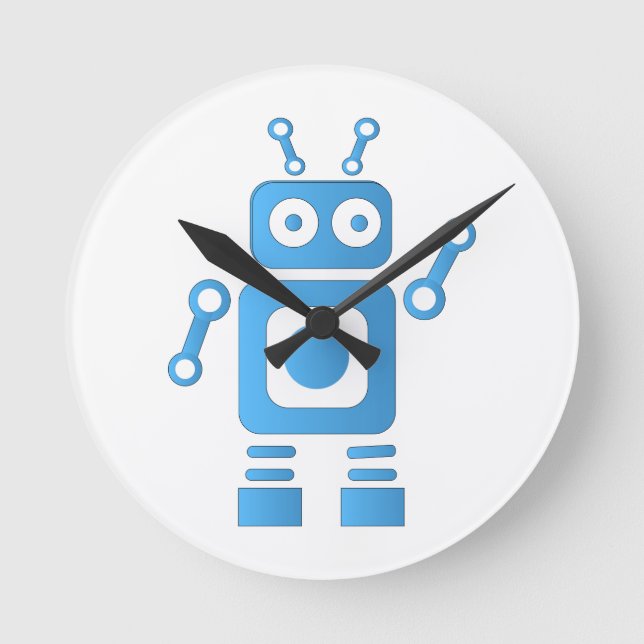 Blue Retro Robot Runde Wanduhr (Vorderseite)