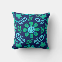 Blue Retro Style Floral and Sun Symbol Pattern Kissen