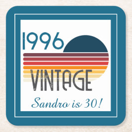 Blue Retro Sun 1996 Photo 30th Birthday Stripe Rechteckiger Pappuntersetzer