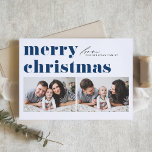 Blue Retro Typografie Frohe Weihnachten Zwei Foto<br><div class="desc">Frohe Weihnachten! Senden Sie Ihre Weihnachtsgrüße an Familie und Freunde mit dieser anpassbaren Foto Weihnachtskarte. Es zeichnet sich durch Retro-fett Typografie aus. Personalisieren Sie diese,  indem Sie Ihre Daten hinzufügen. Diese Weihnachtskarte ist auch auf anderen Cardstock erhältlich. Matching-Elemente sind verfügbar.</div>