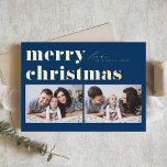 Blue Retro Typografie Frohe Weihnachten Zwei Foto Folien Feiertagskarte<br><div class="desc">Frohe Weihnachten! Senden Sie Ihre Weihnachtsgrüße an Familie und Freunde mit dieser anpassbaren Foto Weihnachtskarte. Es zeichnet sich durch Retro-fett Typografie aus. Personalisieren Sie diese,  indem Sie Ihre Daten hinzufügen. Diese Weihnachtskarte aus Goldfolie ist auf anderen Cardstock erhältlich. Matching-Elemente sind verfügbar.</div>