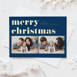 Blue Retro Typografie Frohe Weihnachten Zwei Foto Folien Feiertagspostkarte<br><div class="desc">Frohe Weihnachten! Senden Sie Ihre Weihnachtsgrüße an Familie und Freunde mit dieser personalisierbaren Weihnachtspostkarte für das Foto. Es zeichnet sich durch Retro-fett Typografie aus. Personalisieren Sie diese,  indem Sie Ihre Daten hinzufügen. Diese Weihnachtskarte mit Goldfolie ist auf anderen Karton erhältlich. Matching-Elemente sind verfügbar.</div>