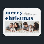 Blue Retro Typografie Frohe Weihnachten Zwei Foto Magnet<br><div class="desc">Feiern Sie den Urlaubssinn mit unserem individuell anpassbaren Foto Weihnachtsmagneten! Dieser Magnet eignet sich perfekt, um Ihre Lieblingsfeiertage zu erleben. Mit diesem Magneten können Sie einen einzigartigen Sake kreieren, der die Freude und Liebe Ihrer Familie während der Ferienzeit zeigt. Es zeichnet sich durch Retro-fett Typografie aus. Personalisieren Sie diese, indem...</div>