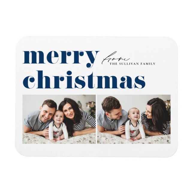 Blue Retro Typografie Frohe Weihnachten Zwei Foto Magnet (Horizontal)