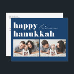 Blue Retro Typografie Happy Hanukkah Zwei Foto Feiertagspostkarte<br><div class="desc">Happy Hanukka! Senden Sie Ihre Hanukkah Grüße an Familie und Freunde mit dieser anpassbaren Foto Hanukkah-Karte. Es zeichnet sich durch Retro-fett Typografie aus. Personalisieren Sie diese,  indem Sie Ihre Daten hinzufügen. Diese benutzerdefinierte Hanukkah-Karte ist auf anderen Farben und Cardstock erhältlich. Matching-Elemente sind verfügbar.</div>